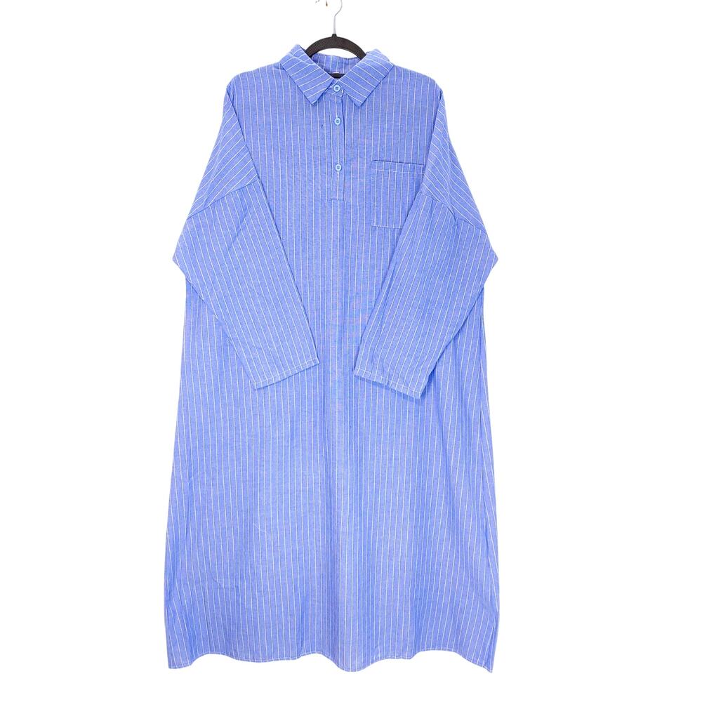Cozinen Long Sleeve Midi Shirt Dress 1/4 Button Front Pinstripe Blue Womens M